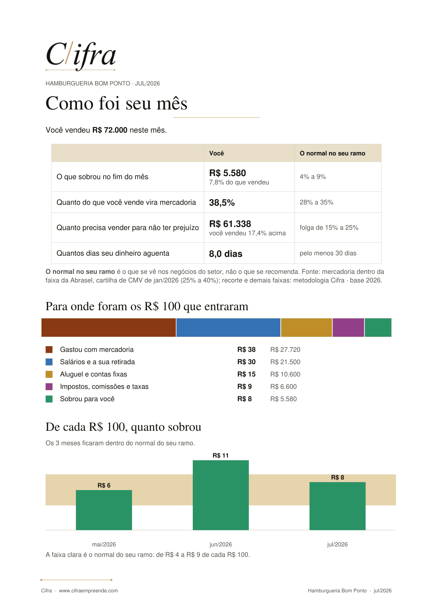 Primeira página do diagnóstico: os quatro números comparados ao normal do ramo, a barra de para onde foram os R$ 100 e o gráfico dos últimos meses