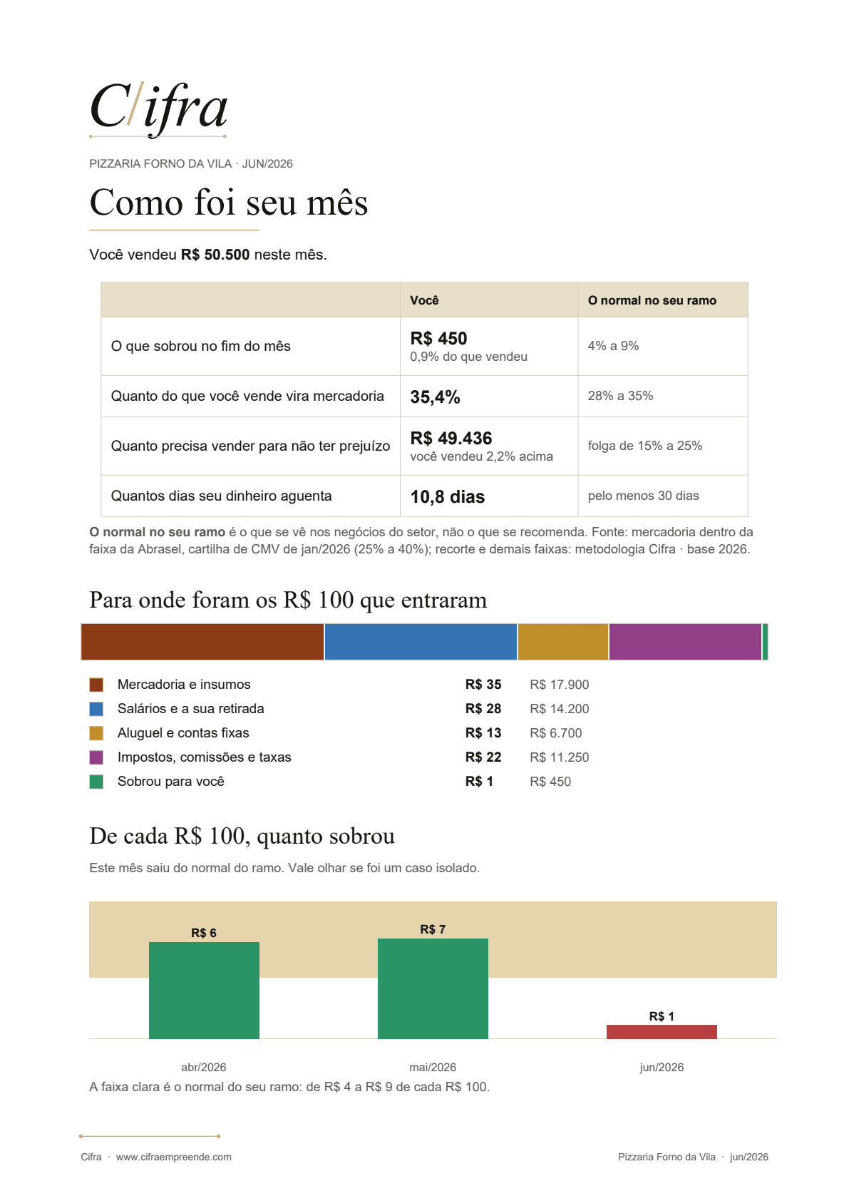 Primeira página do diagnóstico: os quatro números comparados ao normal do ramo, a barra de para onde foram os R$ 100 e o gráfico dos últimos meses